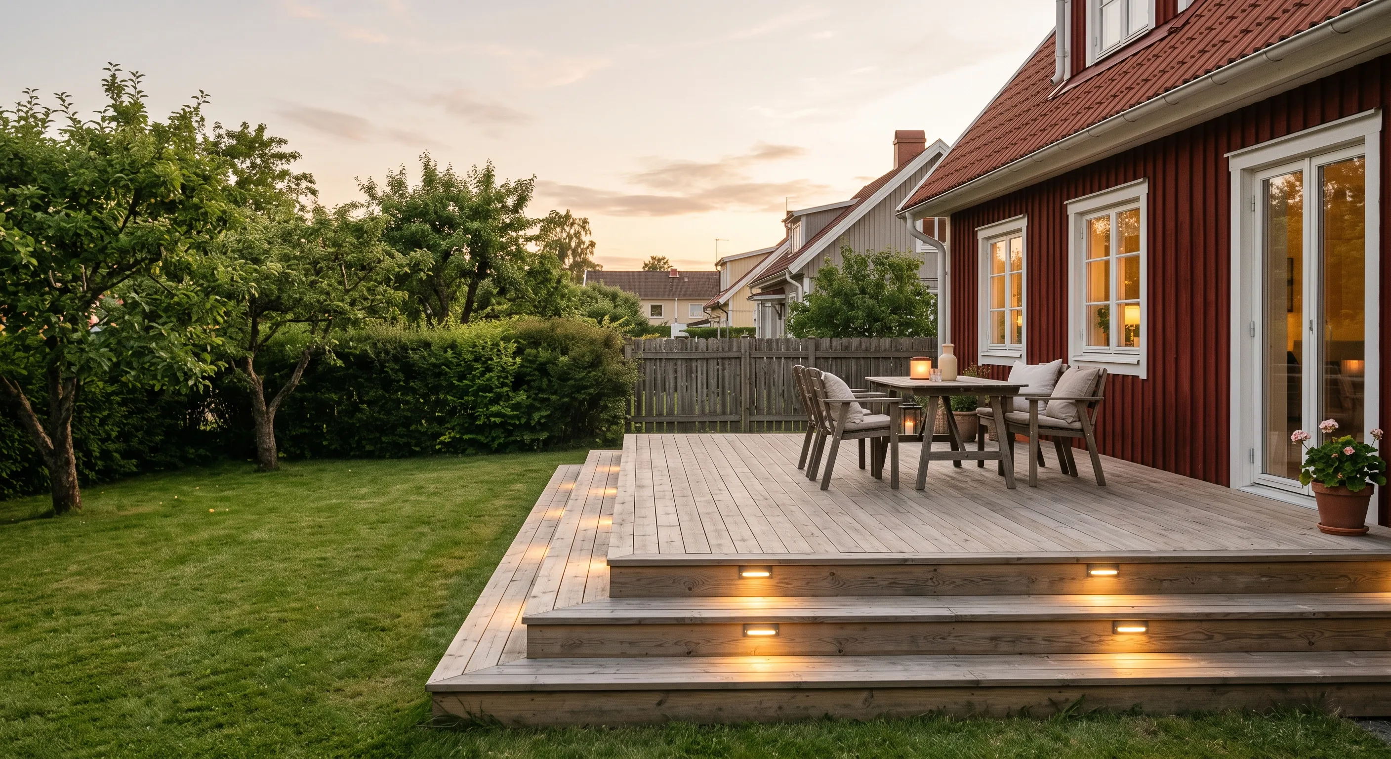 Nybyggnation av altan med platsbyggd belysning, efter renovering