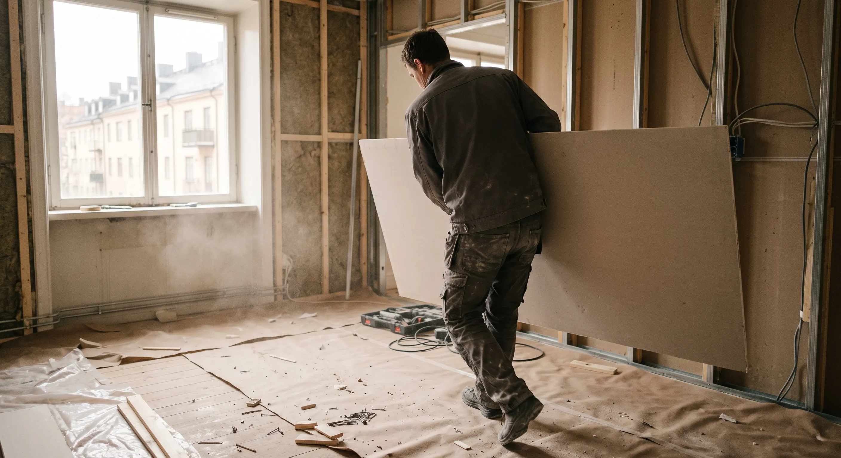Uppsättning av gipsskiva vid totalrenovering